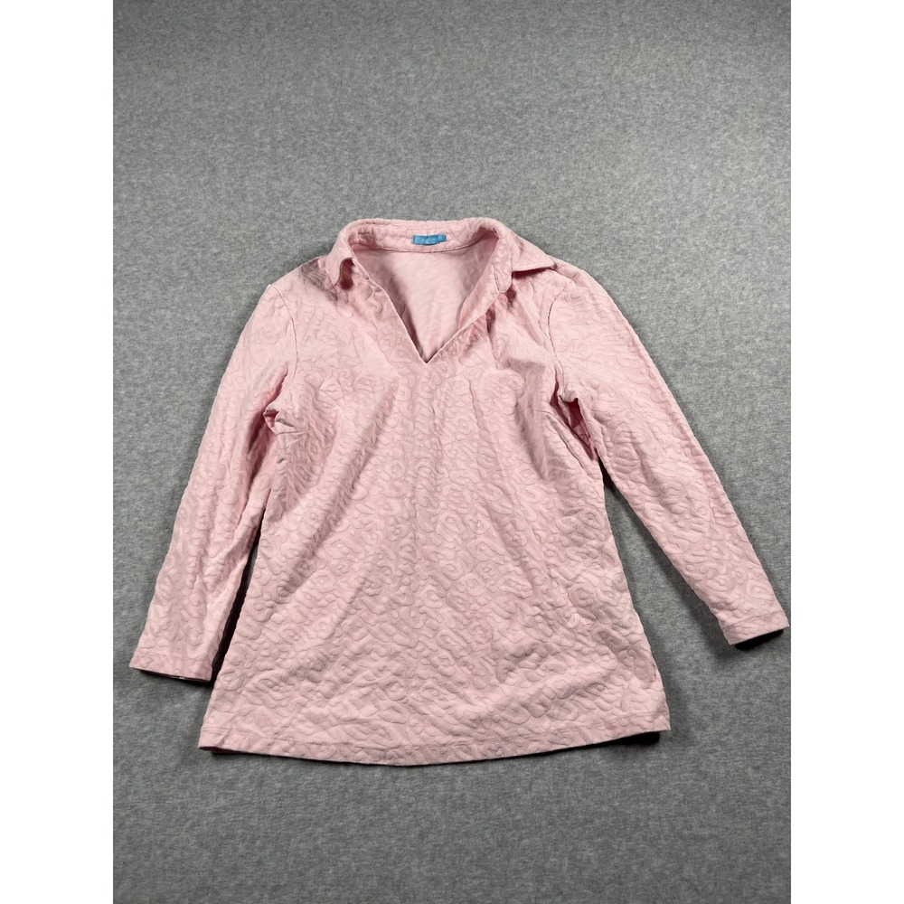 J McLaughlin Top Women XS Pink Textured Leopard Jacquard V-Neck Preppy Classic